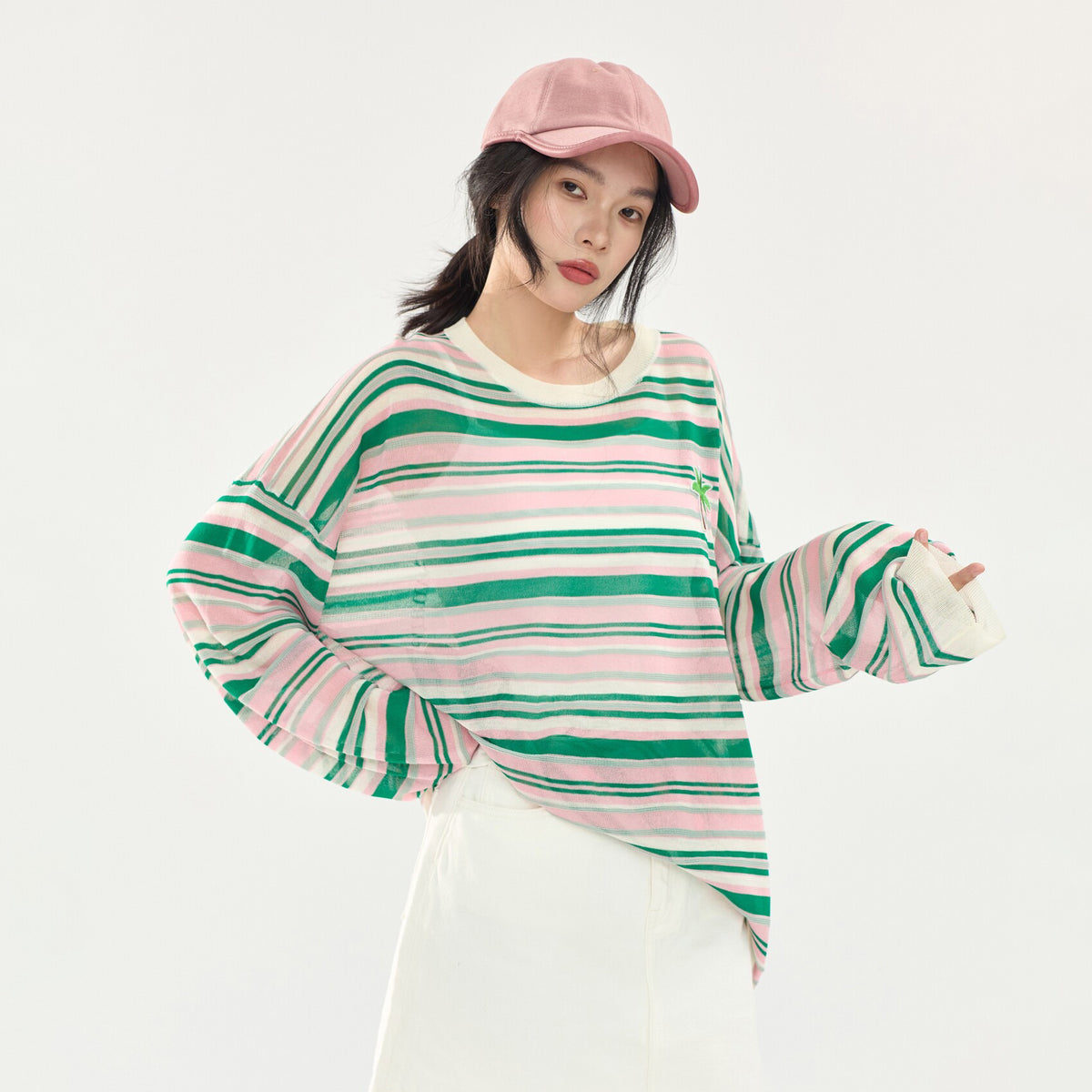 【トップス】配色ボーダーニットトップス レディース 夏新作 長袖 薄手 透け感 カラフル カジュアル Tシャツ【FCシリーズ】