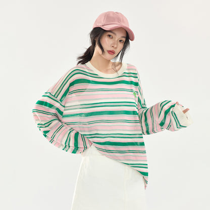 【トップス】配色ボーダーニットトップス レディース 夏新作 長袖 薄手 透け感 カラフル カジュアル Tシャツ【FCシリーズ】