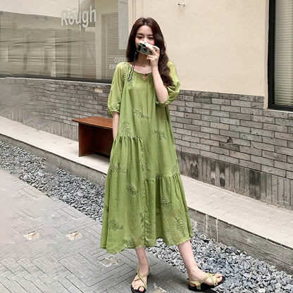 【ワンピース】森系 重工刺繍 パフスリーブ 夏 フレンチ風 半袖ワンピース【SHシリーズ】