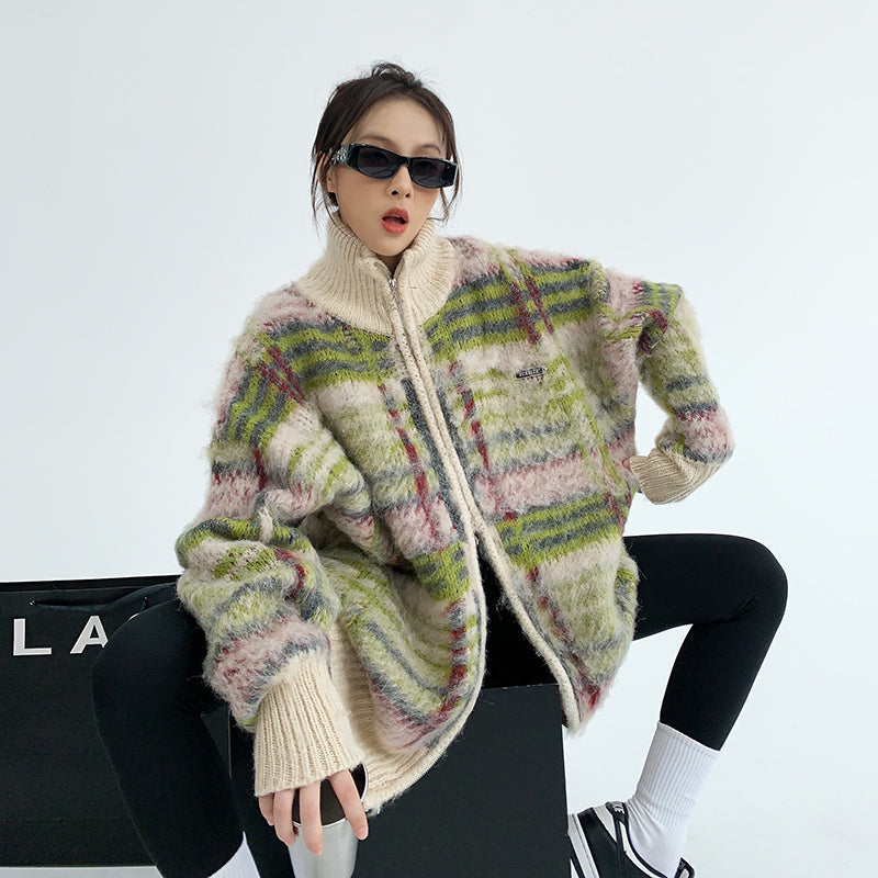 【トップス】個性派デザイン レディース チェック柄シャギーカーディガン ルーズシルエット 冬新作 セーター【FCシリーズ】