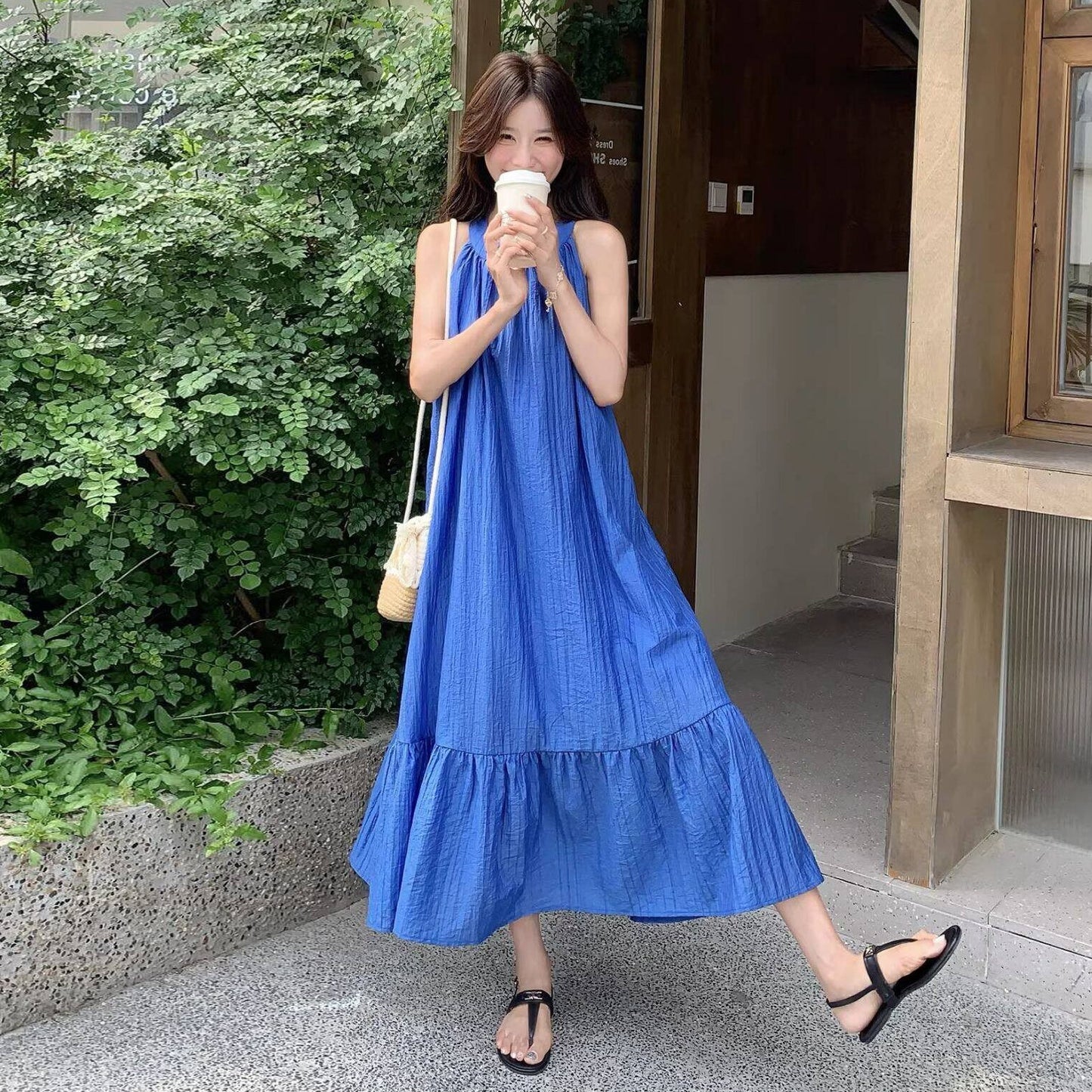 度假風掛脖吊帶長洋裝｜露背無袖連身裙【JZ系列】