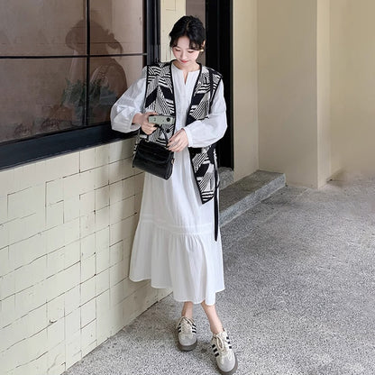 2点セット！【セットアップ】フレンチ上品 ホワイトワンピース＋ヴィンテージ風プリントベスト セット レディース 大人カジュアル【SHシリーズ】