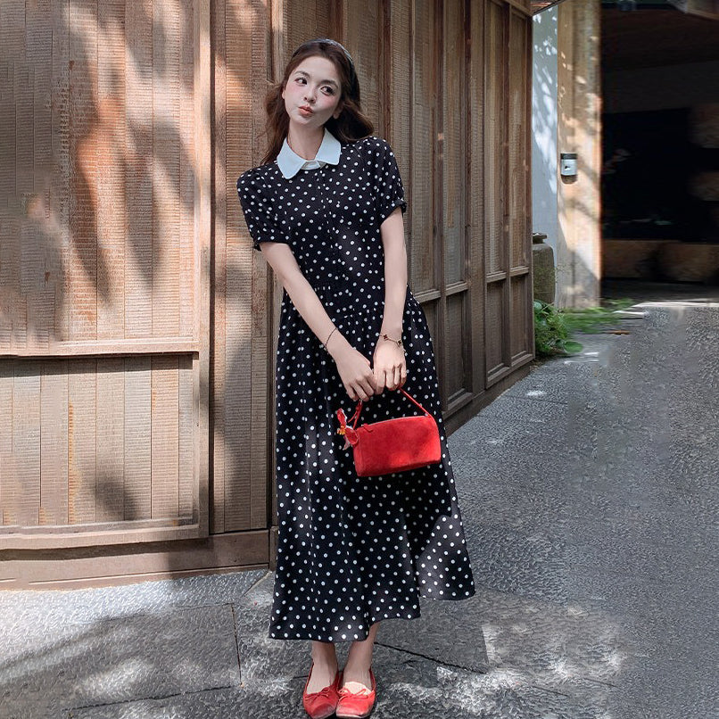 【ワンピース】フレンチ風 ドット柄ワンピース レディース 夏 黒 襟付き ノースリーブ 大人可愛い フェミニン【JZシリーズ】
