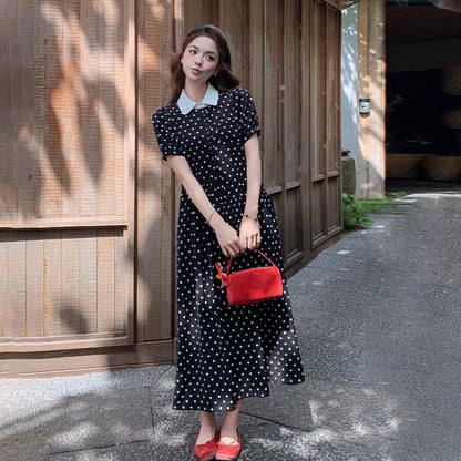 【ワンピース】フレンチ風 ドット柄ワンピース レディース 夏 黒 襟付き ノースリーブ 大人可愛い フェミニン【JZシリーズ】