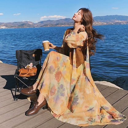 【セットアップ】ベスト付き 花柄フレア 長袖ワンピース セット 春秋 海辺リゾート 高級感【SHシリーズ】