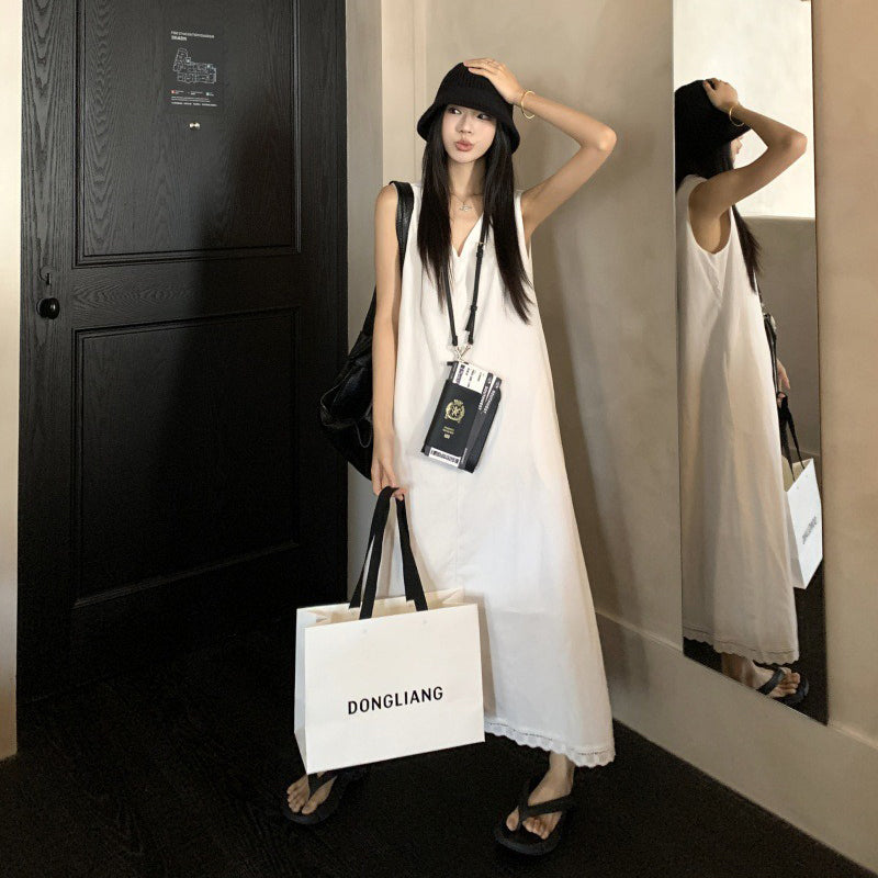 【ワンピース】ホワイト Vネック ノースリーブ Aライン ロング丈 リゾート風 ゆったり ナチュラル ワンピース【JZシリーズ】