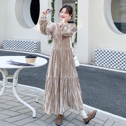 【ワンピース】Vネック ベロア 長袖ワンピース 春新作 ゆったり フレンチレトロ【JZシリーズ】