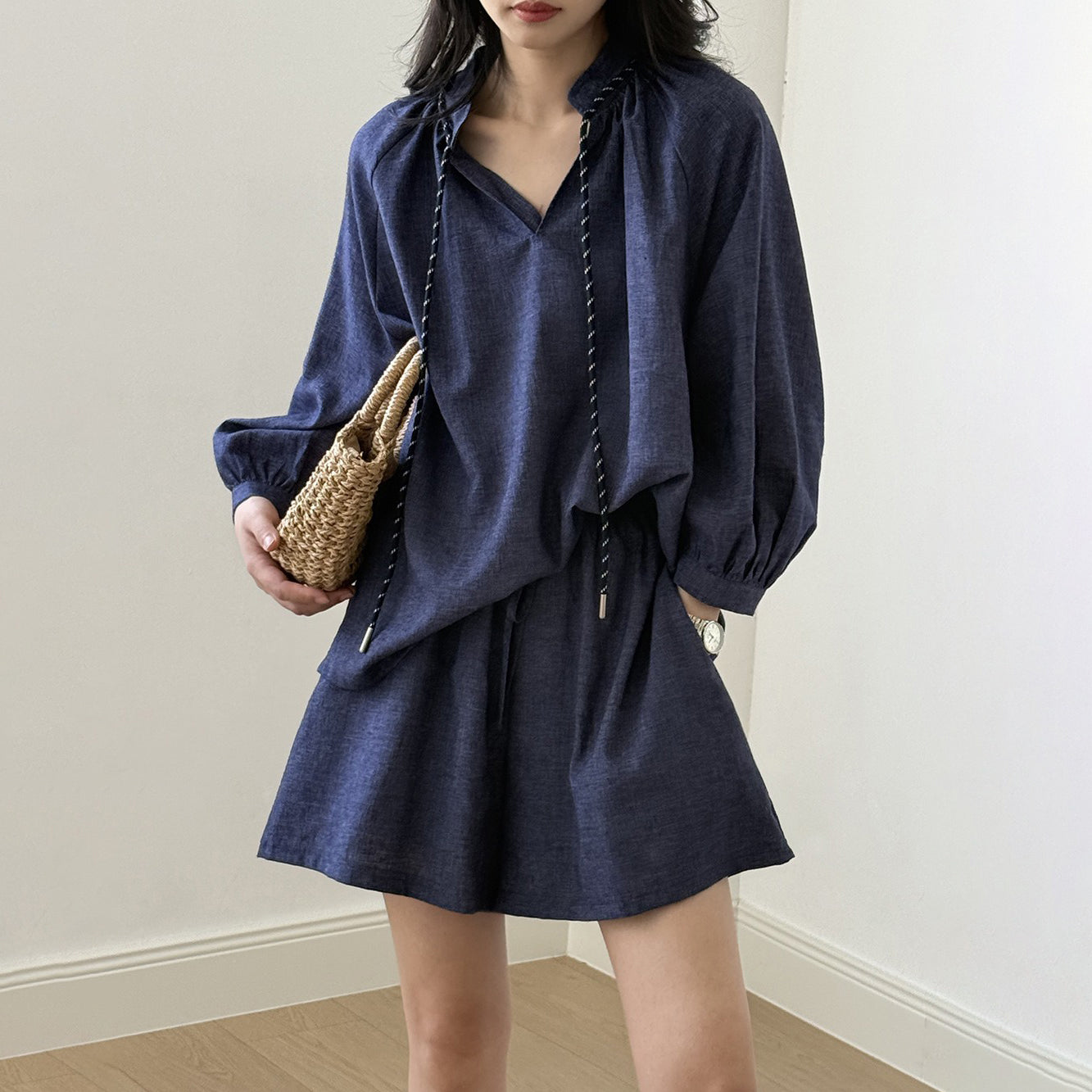 2点セット！【セットアップ】夏新作 フレンチヴィンテージ シャツ＋ワイドショートパンツ 2点上下セット【JZシリーズ】