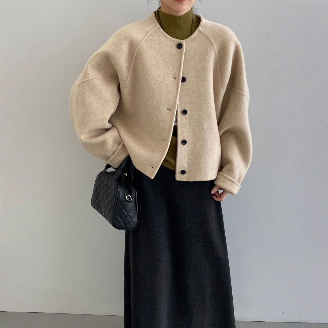 【アウター】春 秋 冬 ウール アルパカ ショート丈 ゆったり ラウンドネック ジャケット 【JZシリーズ】
