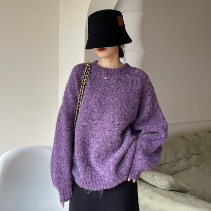 【トップス】シンプル ラフ サークルフリース ふわふわ ゆったり 丸首 プルオーバー ニット パープル レディース【JZシリーズ】