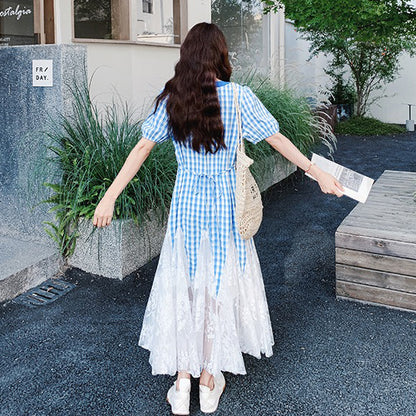 【ワンピース】日系ガーリー チェック柄×レース 半袖 切り替え マーメイドワンピース【SHシリーズ】