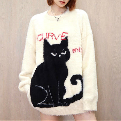 【トップス】クールな黒猫デザイン ニット レディース 秋冬 クルーネック ゆったり プルオーバー【FCシリーズ】