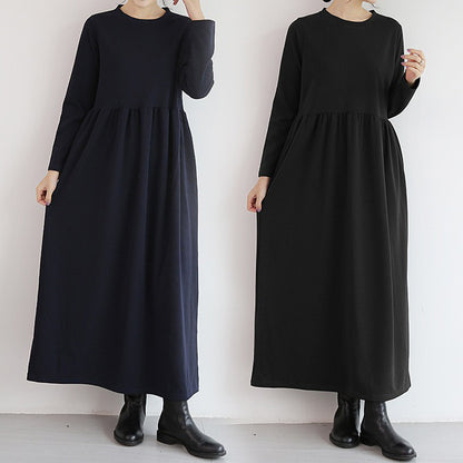 【24AW】【ワンピース】4color 無地 レトロ ラウンドネック ゆったり 長袖ワンピース