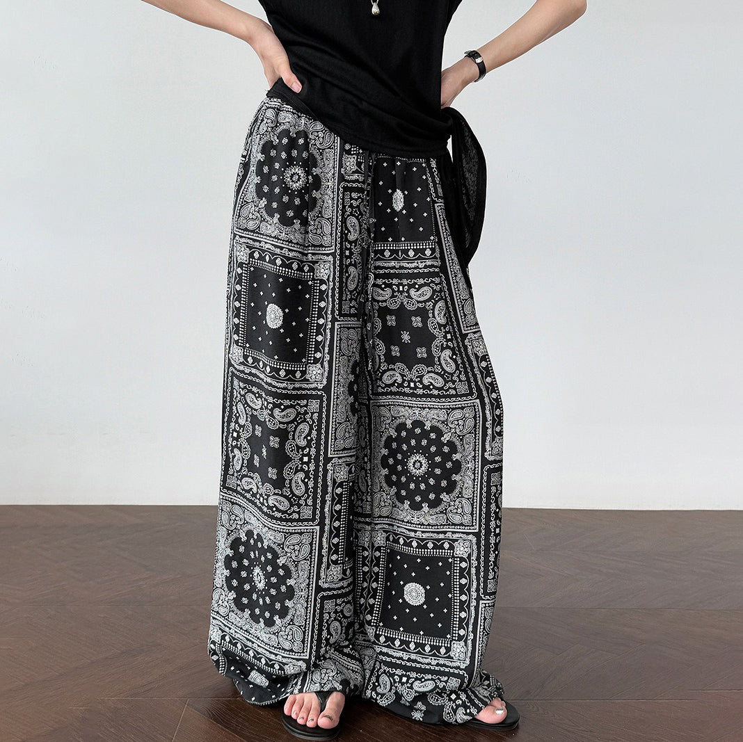 【ボトムス】ボヘミアンプリント レトロエスニック風 ワイドパンツ【JZシリーズ】