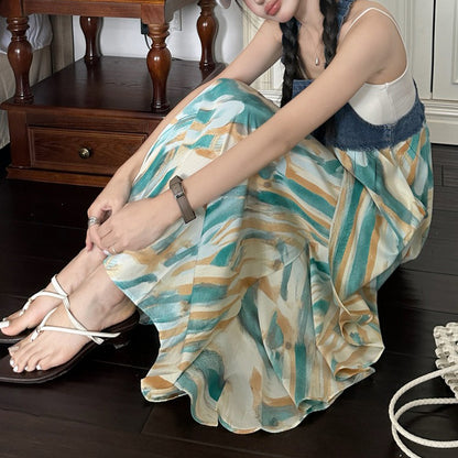 【ワンピース】夏新作 デザイン感たっぷり デニム切り替え シフォン花柄ノースリーブワンピース【SHシリーズ】