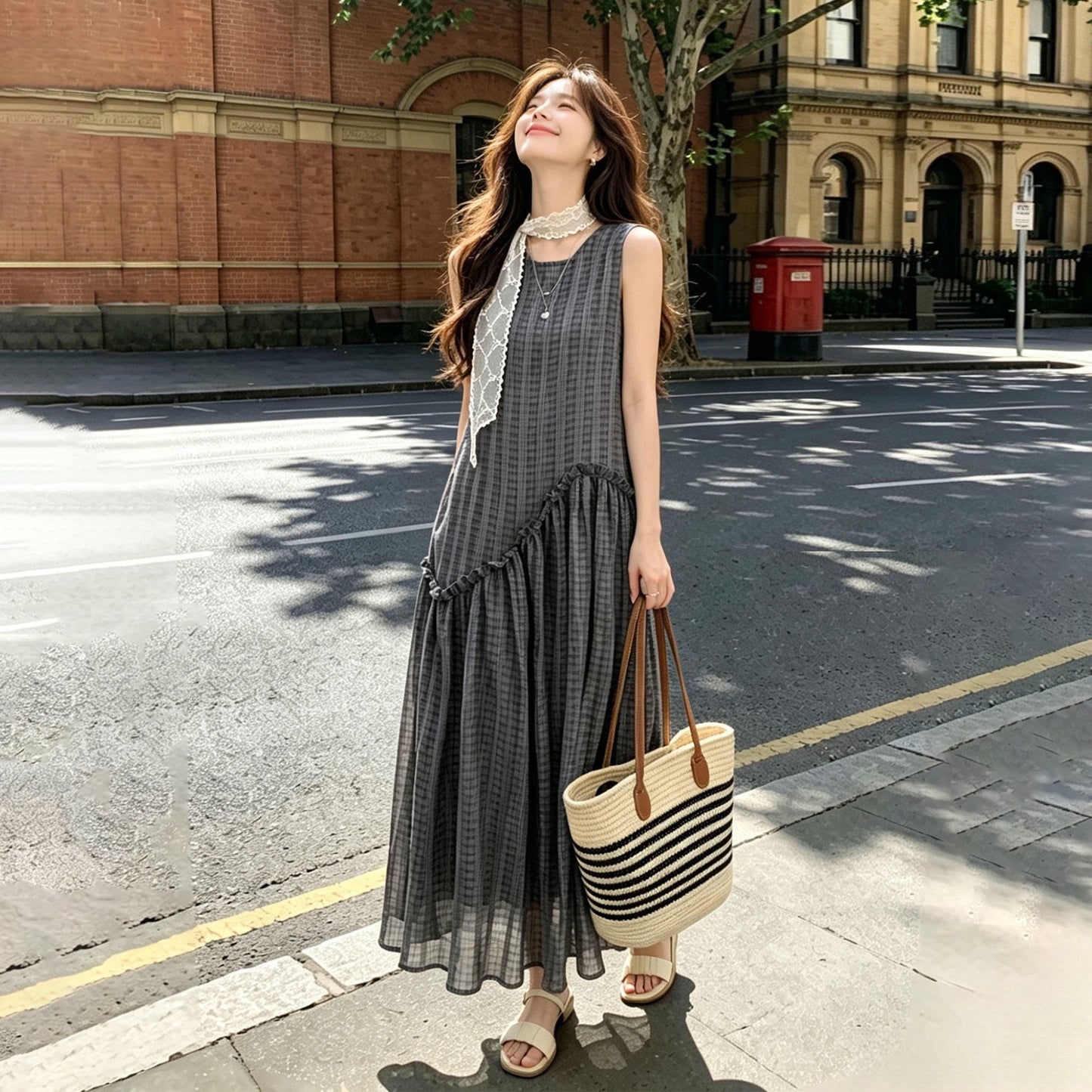 復古格紋洋裝｜荷葉邊A字無袖長洋裝【JZ系列】
