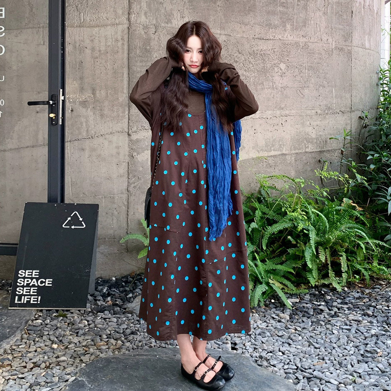 2点セット！【セットアップ】レトロドット柄ワンピース＆インナー2点セット レディース ゆったり リラックス ロング丈 秋コーデ【SHシリーズ】