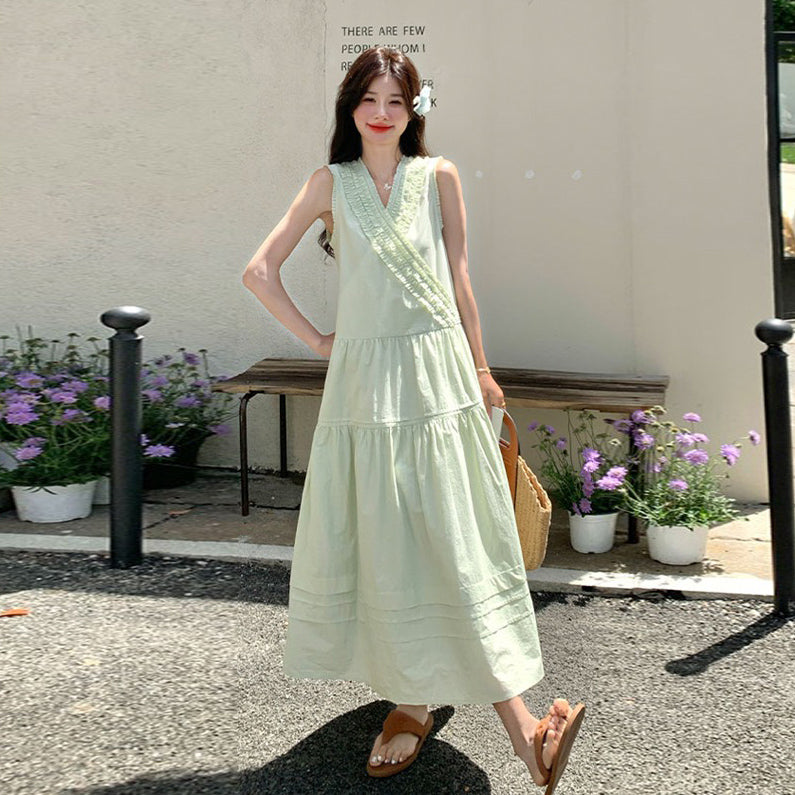 【ワンピース】ミントグリーン フリル プリーツ ノースリーブ ワンピース レディース 夏 甘め 若見え スタイル【JZシリーズ】