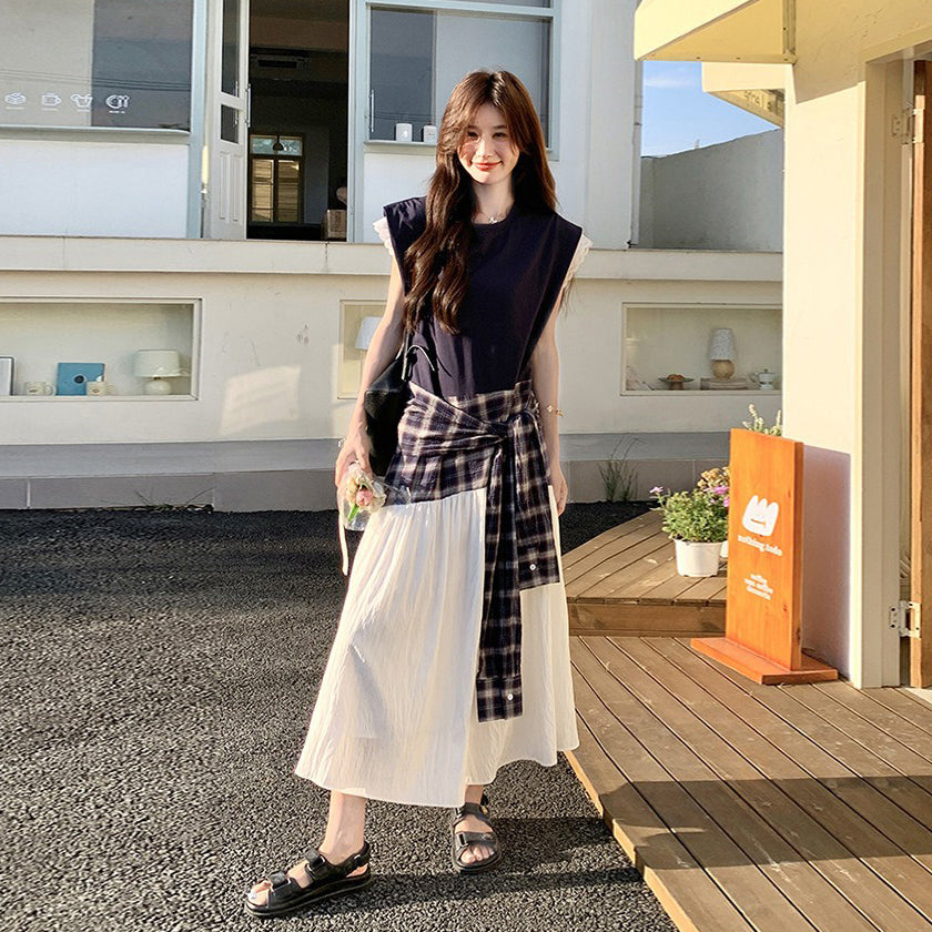 【ワンピース】夏 韓国風カジュアルな雰囲気コーデ チェック柄×レース切り替え ノースリーブワンピース【SHシリーズ】