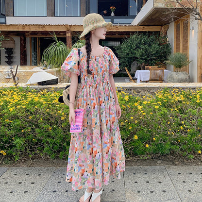 【ワンピース】ピンクプリント パフスリーブ 夏 カントリー風 半袖ワンピース【SHシリーズ】