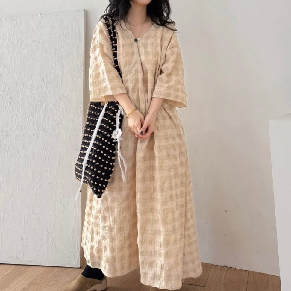 【ワンピース】配色チェック柄 半袖ワンピース｜肌触りの良い ゆったり 体型カバーも叶うロング丈【SHシリーズ】