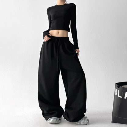 【ボトムス】ハイウエスト 刺繍入り スポーツパンツ レディース 春秋 ゆったり ワイド【FCシリーズ】