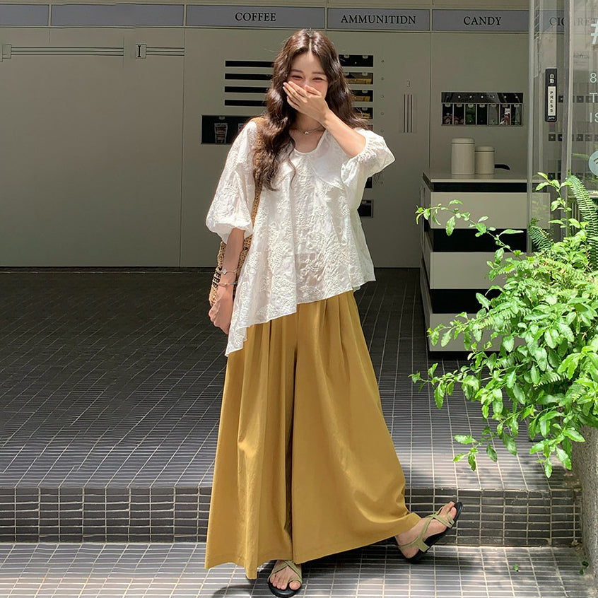 2点セット！【セットアップ】レディース 上下セット フレンチガーリー レース Vネック トップス＋ワイドパンツ 細見え ゆったり 上品 きれいめ 夏新作【SHシリーズ】