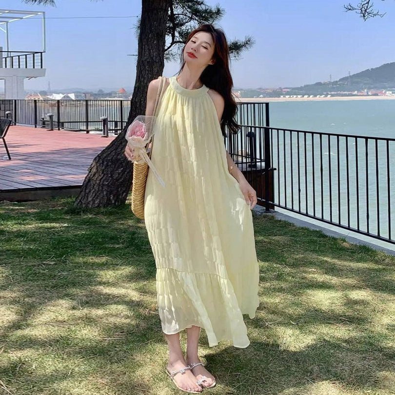 【ワンピース】大人可愛い イエローワンピース レディース 夏 デザインワンピース フィッシュテール ゆったり 上品ロング丈【JZシリーズ】