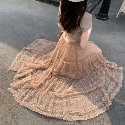 【ボトムス】チュールスカート ハート柄 フレアロング ふんわり大ボリューム 体型カバー 大きめサイズ ケーキスカート【JZシリーズ】