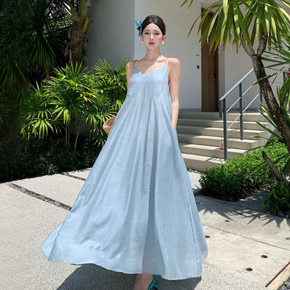【ワンピース】バックリボン キャミワンピース レディース 夏新作 リゾート 海辺 ノースリーブ ロングワンピース 海島スタイル【SHシリーズ】
