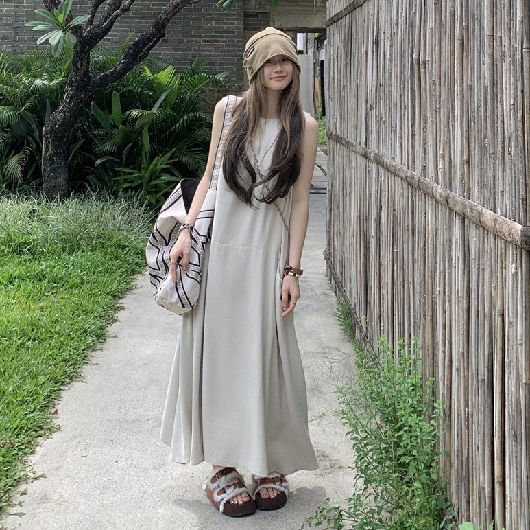 【ワンピース】気質 大きめポケット デザイン性 スタイルアップ 体型カバー ノースリーブ タンクワンピース