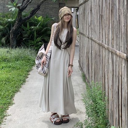 【ワンピース】気質 大きめポケット デザイン性 スタイルアップ 体型カバー ノースリーブ タンクワンピース