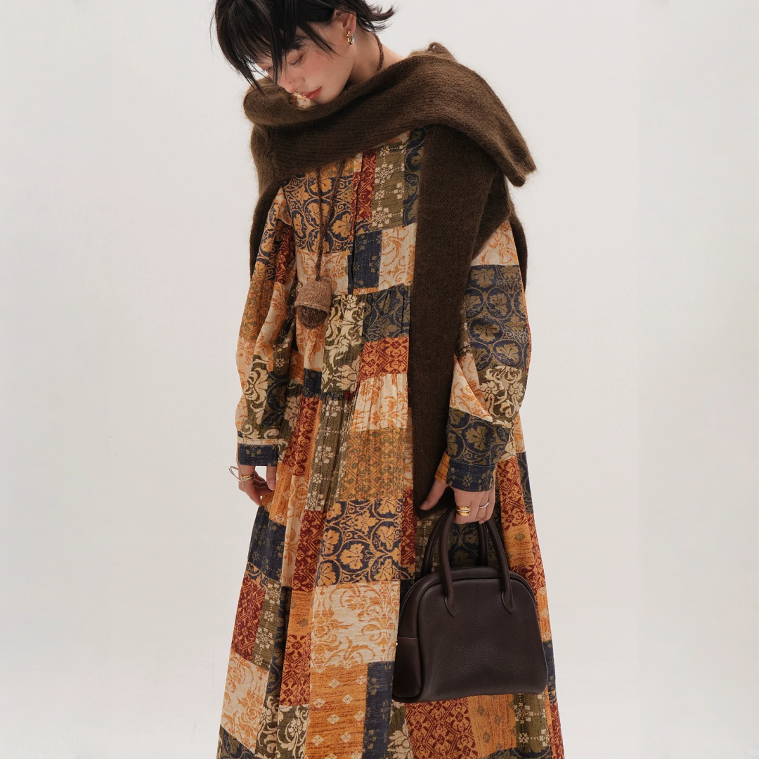 【ワンピース】春 秋 冬レトロ プリント ゆったり 長袖 ワンピース 【JZシリーズ】