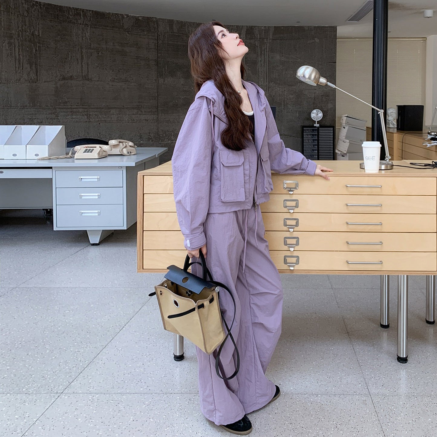 2点セット【セットアップ】大人気 パープル カーゴスタイルジャケット + ワイドパンツ セットアップ 早春秋 【JZシリーズ】