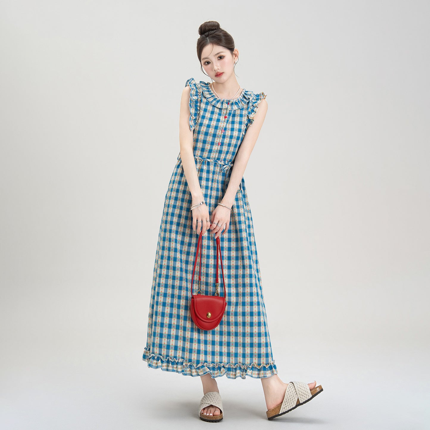 【ワンピース】夏新作 レトロチェック×小花柄 レース切り替え ウエストマークAラインロングワンピース【SHシリーズ】