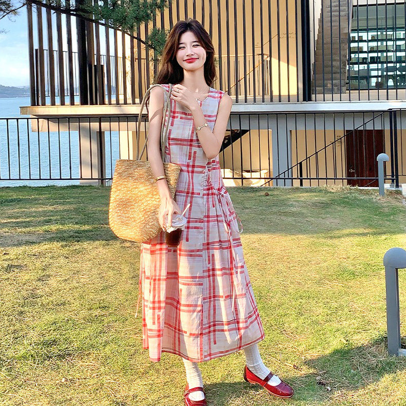 【ワンピース】フレンチヴィンテージ チェック柄 ノースリーブキャミソールワンピース 夏 文芸的な リゾート風【SHシリーズ】