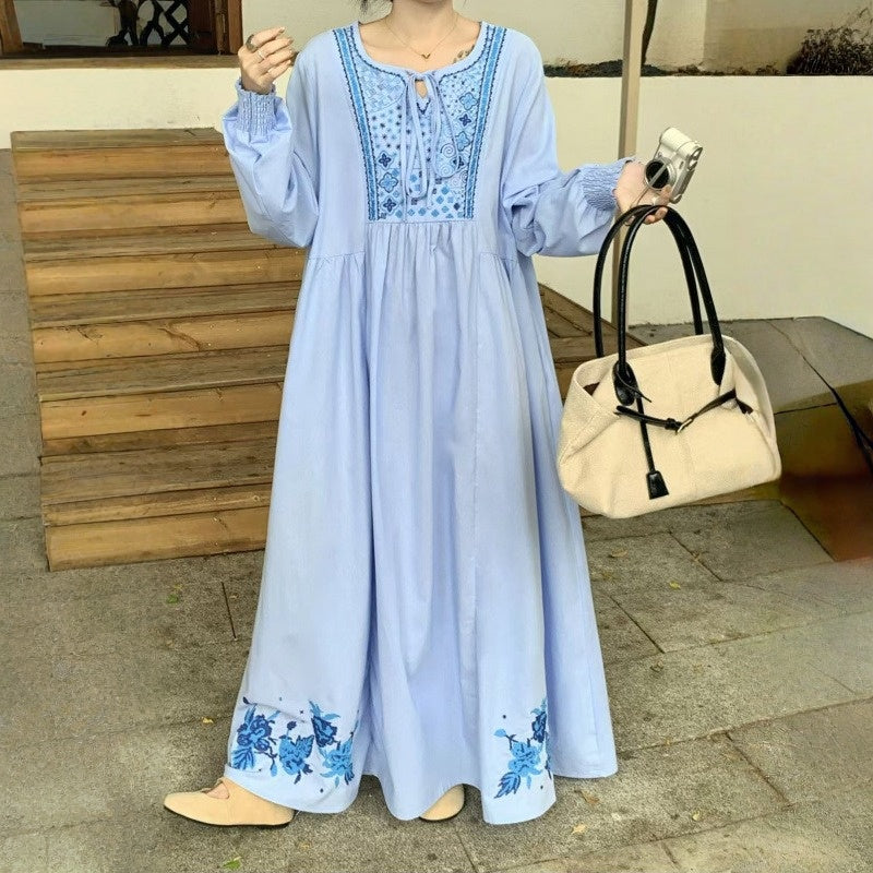 【ワンピース】春 秋 刺繍 ルーズ エレガント 花柄 長袖 ワンピース 【SHシリーズ】