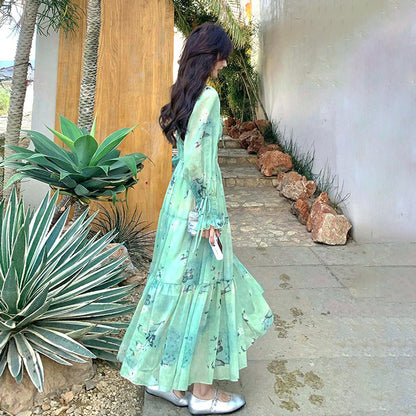 【ワンピース】超美 春夏秋 高級感 フリル付き プリント 長袖ワンピース【SHシリーズ】