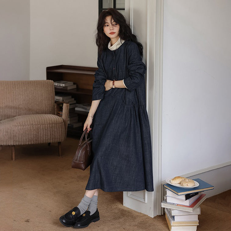 【ワンピース】秋 長袖ワンピース レディース デニム 丸首 ゆったり ミディ丈 森ガール風 文芸 ナチュラル コーデ【JZシリーズ】