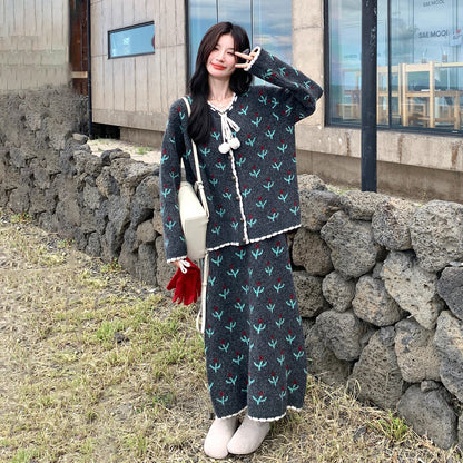 【セットアップ】花柄 ニットノースリーブワンピース + カーディガン セットアップ レディース 春秋 上品可愛い おしゃれ 2点セット【SHシリーズ】