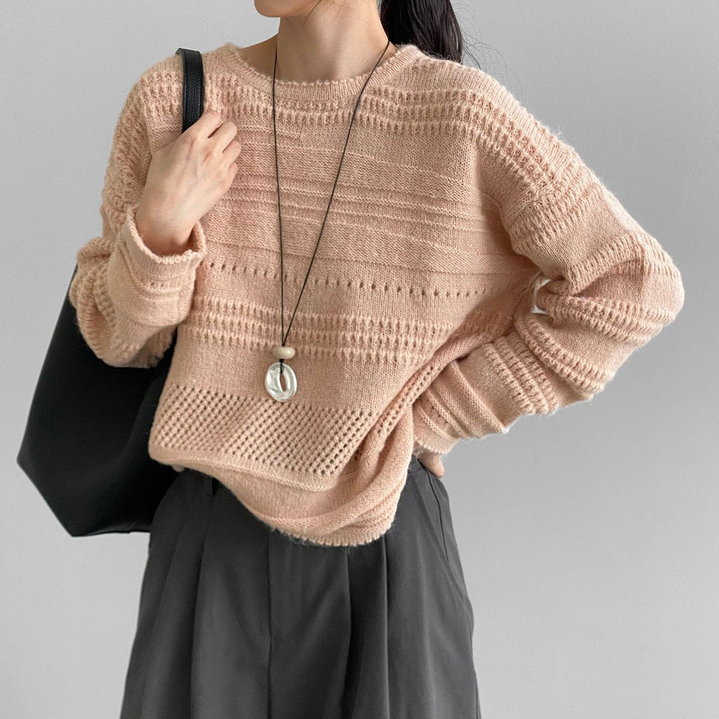 【トップス】美白見え 韓国風 ニットトップス レディース 透かし編み クルーネック ゆったり カジュアル着回し【JZシリーズ】