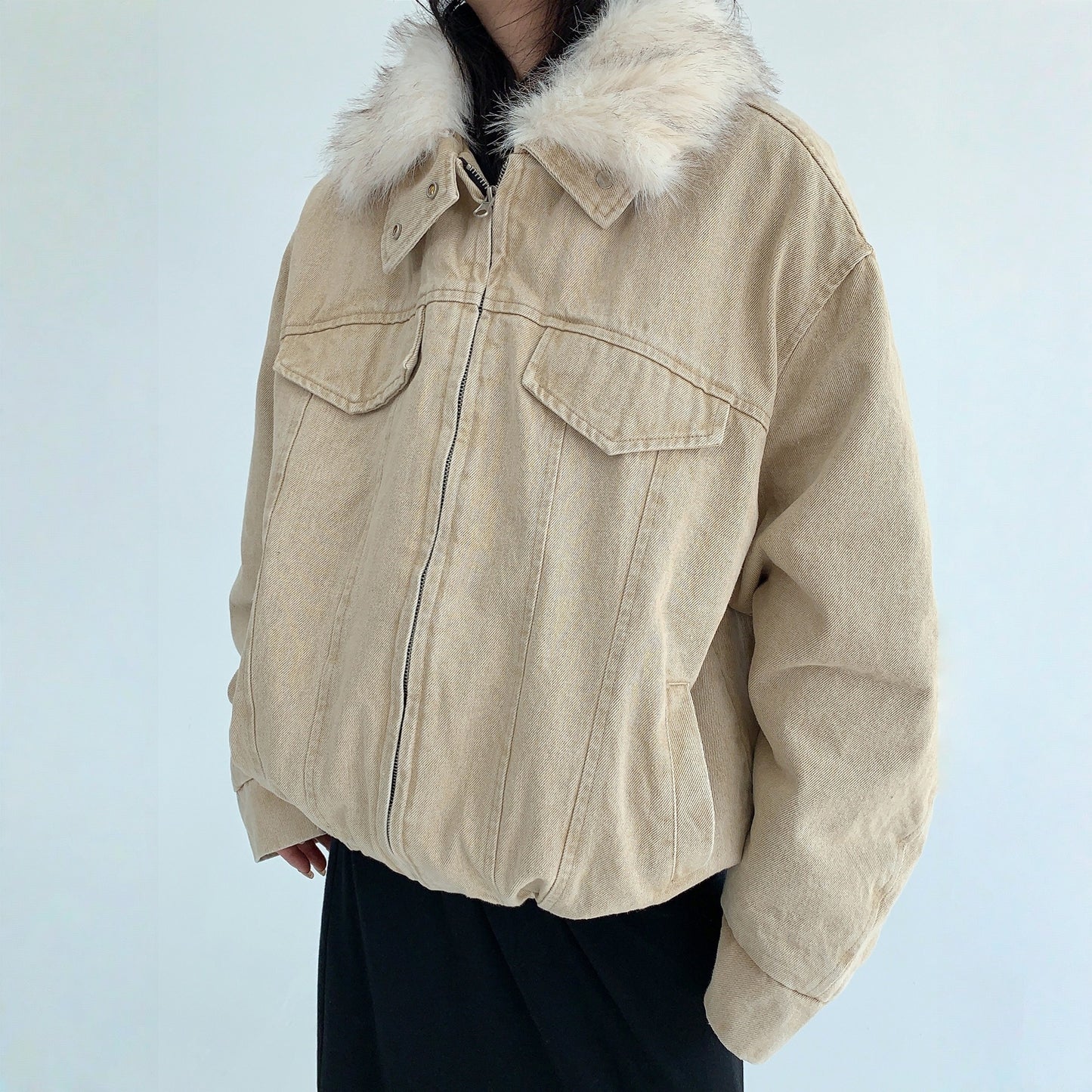 【アウター】春 秋 冬 ウォッシュド ヴィンテージ風 厚手 ファー襟 中綿 ジャケット 【FCシリーズ】