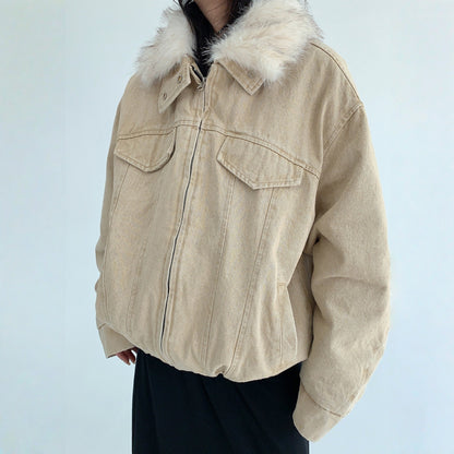 【アウター】春 秋 冬 ウォッシュド ヴィンテージ風 厚手 ファー襟 中綿 ジャケット 【FCシリーズ】