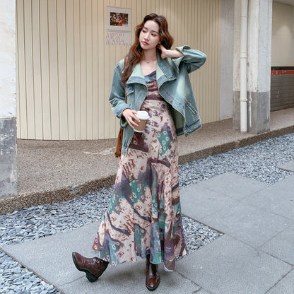 【セットアップ 】レトロデニムジャケット＋花柄キャミワンピースレディース 春秋2025新作 上品ノースリーブワンピース 人気2点セット【SHシリーズ】