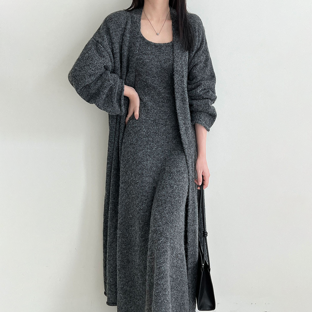 【セットアップ】ふんわりウールワンピース＋ニットカーディガン レディース 秋冬新作 厚手ロング丈セットアップ【JZシリーズ】