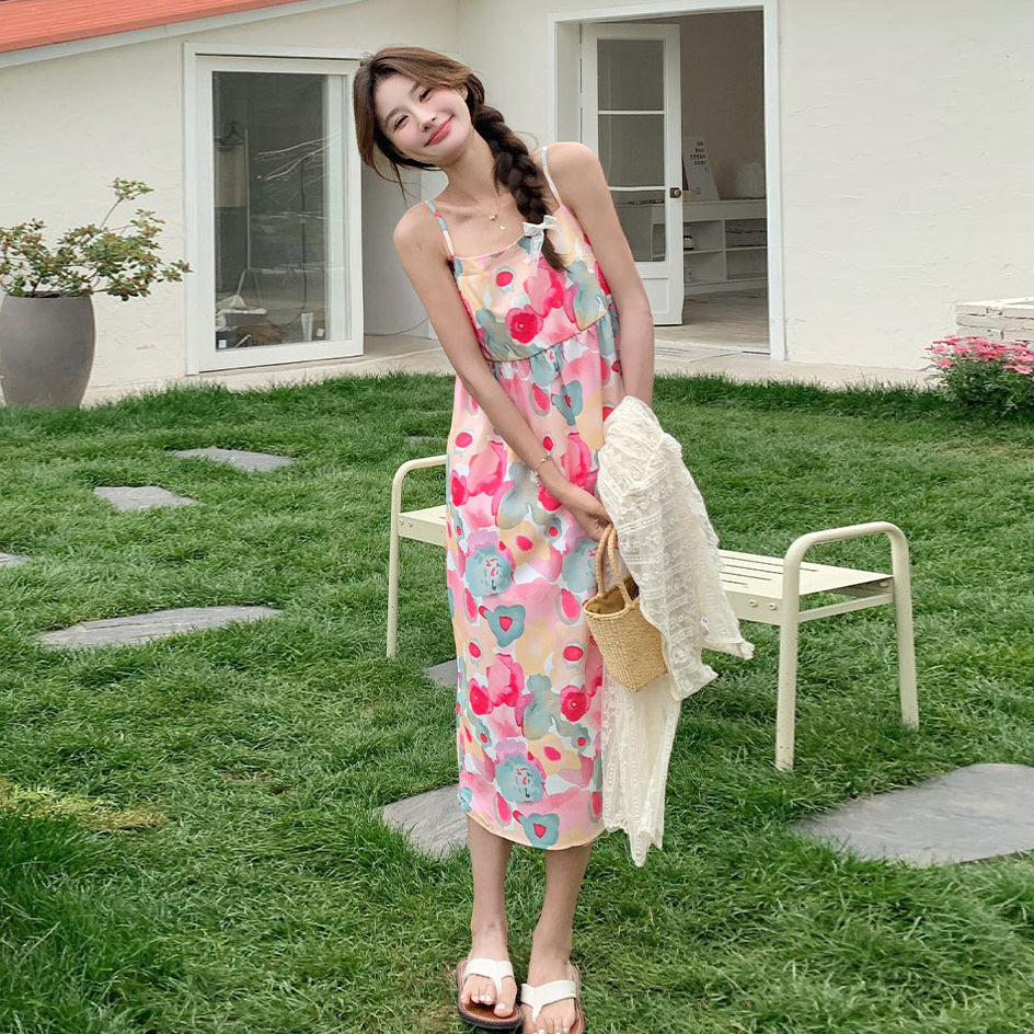 2点セット！【セットアップ】今年のトレンド 油絵プリントワンピース＋メッシュワンピース 高級感 レイヤード 2点セット【SHシリーズ】