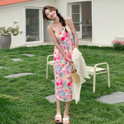 2点セット！【セットアップ】今年のトレンド 油絵プリントワンピース＋メッシュワンピース 高級感 レイヤード 2点セット【SHシリーズ】