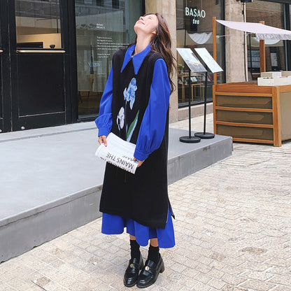 2点セット！【セットアップ】ブルー ジャカードニット＋シャツ長袖ワンピース セットアップ レディース OOTDコーデ 若見え【SHシリーズ】