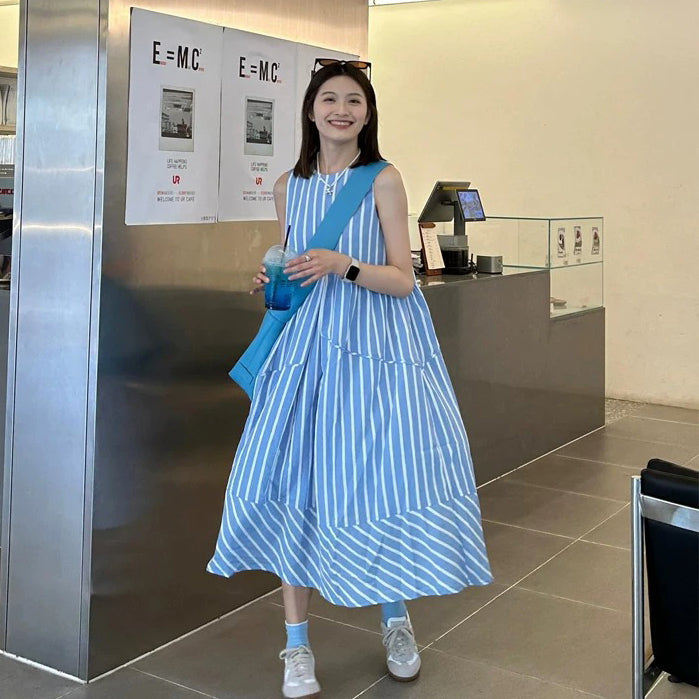 【ワンピース】ブルーストライプワンピース レディース 夏新作 ノースリーブ 丸首 涼しげ 体型カバー 上品 ロング丈 ワンピース【JZシリーズ】