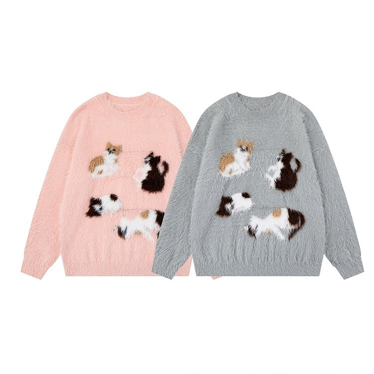 【🐾子猫の甘えポーズ】【トップス】キュート猫 ユニセックス ジャガードニット ソフトタッチ ニットセーター 【FCシリーズ】